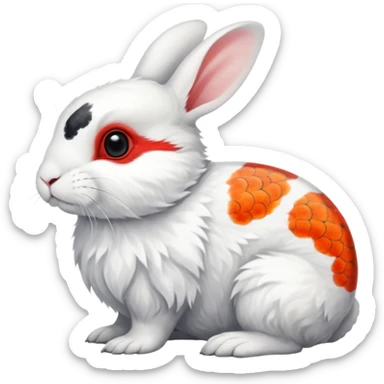Asian Painted Fluffy Realistic Dwarf-Hotot-Rabbit-Rock-Ptarmigan-Koi-Fish-Animal-hybrid, full body, with red marking over eye sticker