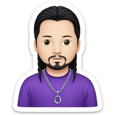 Jonathan Davis with black hair, purple shirt sticker