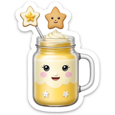 Una miniatura fotorrealista de una mantequilla corporal batida en un tarro, decorada con una pequeña figura sólida en forma de flor o estrella en la parte superior. Estilo: postre, arte, colores vibrantes. sticker