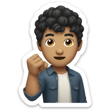 man with short curly black hair with bangs, asian skin type, left hand in a fist, right hand wraps around left hand  sticker
