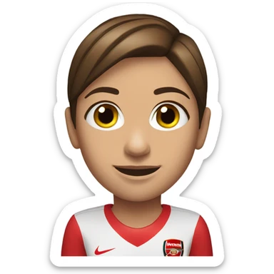 Pretty woman with short brown hair holding a soccer ball and wearing an Arsenal jersey sticker