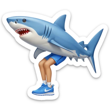 shark on the beach with human legs wearing blue Nike shoes, emoji style sticker