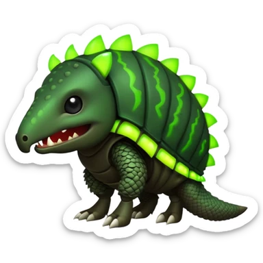 Biohazard armadillo. has black skin and a dark, segmented shell, with the middle sections of each segment glowing in a toxic lime green. The armadillo's face has a twisted, evil grin. His eyes are wide and intense, glowing in the same toxic green. sticker