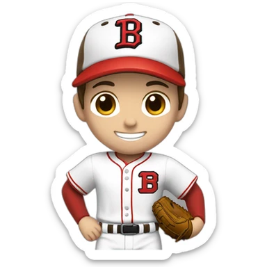 Boy baseball player, white skin, short brown hair, smiling. Red cap with a T as its logo, white uniform with red details. sticker