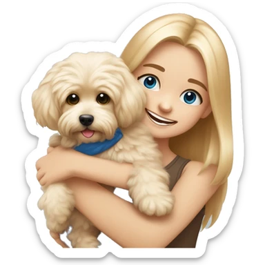 New year mood Blonde girl with very long straight hair and blue eyes is hugging a small caramel maltipoo and the dog is smiling  sticker