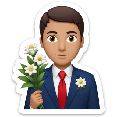 Homme avec bouquet fleurs blanches, avec uniforme bleu foncé cravate rouge, arabe raie sur le coté, brun un peu bronzé et yeux marrons  sticker