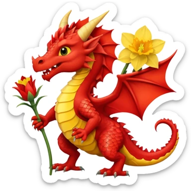 Red Welsh dragon holding a daffodil sticker