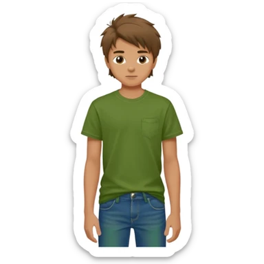 A 14 yerar old teenage boy, slightly tanned, wearing a green tshirt, blue jeans and green sneakers with brown tousled hair sticker