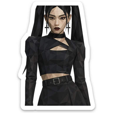 K-pop inspired gothic girl, polygonal style, geometric shapes, dark color palette, stylish stage outfit sticker