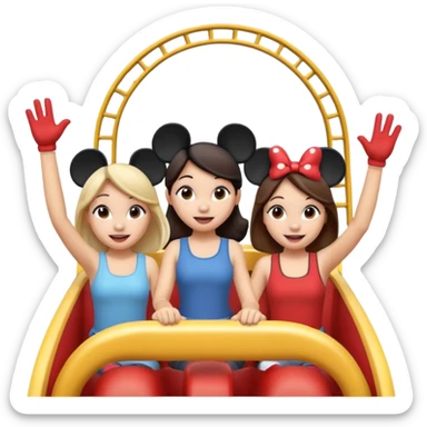 4 chicas montadas en una atraccion de levantando la mano con orejas de Disney puestas en una atracción sticker