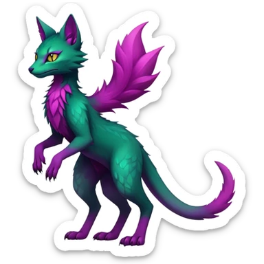 Kawaii dark edgy gloomy dark green ethereal feline-vernid-sergal-fursona animal creature with a tufted tail full body with intricate markings with magenta eyes, yellow Scapha  sticker