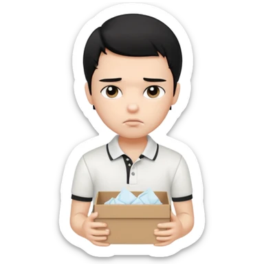 generate a pretty bratz boy with black hair, wearing a white polo shirt. Looking sad, holding a box of tissues sticker