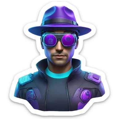 Secret human agent in a hat with  cyberpunk elements in Apple VR googles headset scanning looking reviewing multicolor lines of code, cyan and purple colors, only upper body portrait sticker