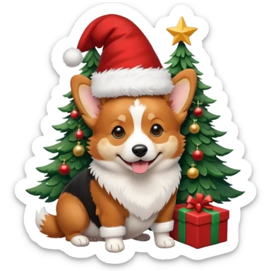 tricolor (black and red head) corgi with santa hat on and christmas tree near sticker