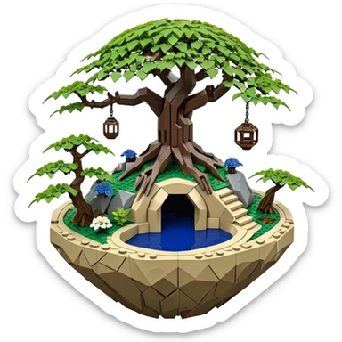 Alien Lego spacecraft hanging jungle-vines mountain-island landscape antique mudman very old broken cracked intricate Stone Age rocky-crusted irregular dodecagon-shaped shallow dark moss rough bark blue willow flowered maple tree bonsai pot sticker