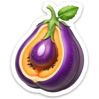 Eggplant with white liquid coming out the top being inserted into a peach sticker