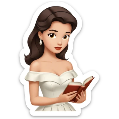 Beautiful woman in 1950’s woman fashion look, off-shoulder white dress, long dark brown hair, reading  sticker