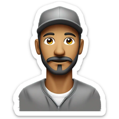 Hombre de piel clara, con ojos claros, barba fina, sin bigote, gorra negra bordada, y sudadera gris. Expresión relajada y estilo urban sticker