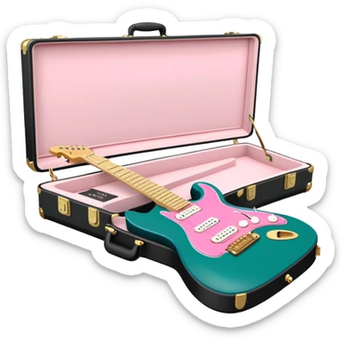 minimalist electric guitar in dark green with pink and blue stripe decal, closed inside a black rectangular hard case with gold latches, flat semi-3D style, soft matte textures, simplified details, stylized decal accent, alternate angle sticker