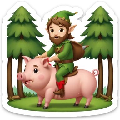 tiny forest elf man long brown hair beard riding pig sticker