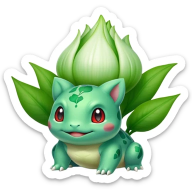 Bulbasaur with a green, unopened plant bulb with layered petals, resembling a lily bud on back sticker