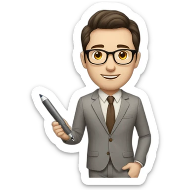 Pale skinned fit man with dark brown hair in gray jacket, beige office shirt, brown tie, brown pants and vintage glasses Writing text on a marker board sticker