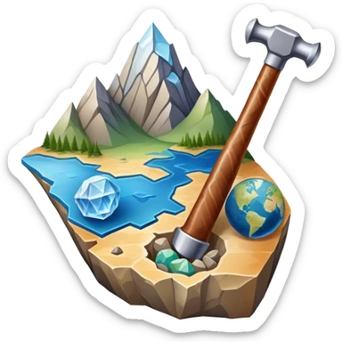 An icon featuring a rock hammer, a fossil, and a geological map, symbolizing geology. The design includes layers of the Earth, a crystal, and a mountain range, representing the study of Earth's structure, materials, and natural processes. Transparent background highlights geological research sticker