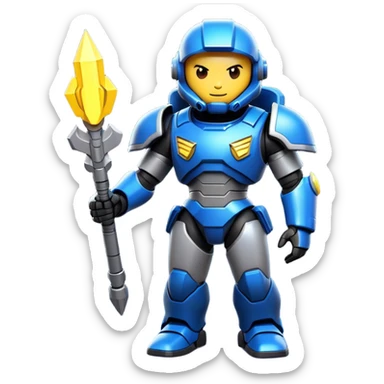 Clash of Clans aesthetic: Cinematic heroic Terran Marine Hero Emoji, rendered in a 3D vector-style similar to standard emojis with minimal shading and bold, simplified shapes. A compact, heroic isometric figure clad in futuristic power armor with signature energy accents, softly glowing with a cosmic battle charm. Simplified yet unmistakably iconic, highly detailed and consistent, glowing with a soft radiant shine and high gloss. Stylized with a touch of interstellar valor and a soft glowing outline, capturing the essence of an elite space warrior with a friendly, playful manner! sticker