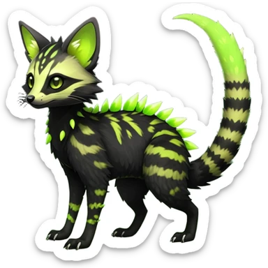 Rare realistic black edgy toxic radioactive-themed black fur with neon-lime-green-glowing  epic handsome gorgeous aesthetic vibrant Vernid-Trico-Genet-species-hybrid-Fakemon-creature by LiLaiRa, 4 legs, 1 tail, random markings, (full body) with tiny spikes on tail sticker