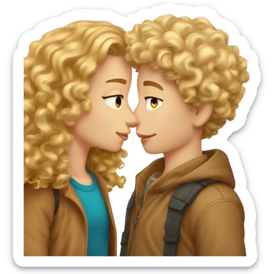 A curly blond boy kisses a curly girl with brown hair sticker