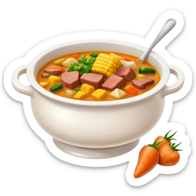 Cinematic Realistic Sancocho Soup Dish Emoji, featuring a rich, hearty stew with diverse meats and vegetables rendered with lifelike detail and warm, comforting lighting. sticker