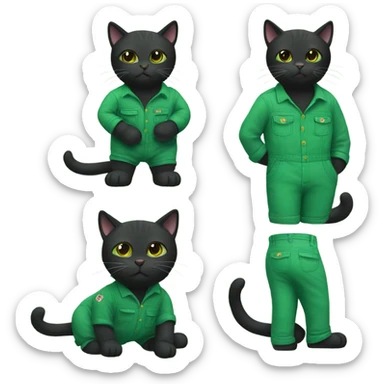 Black cat wearing green overalls with a button missing  sticker