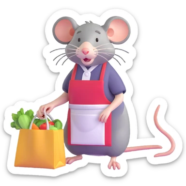 tired rat wearing apron bagging groceries sticker
