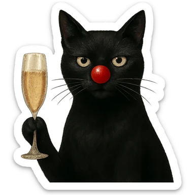 black cat with a red clown nose holding a glass of champagne, elegant and whimsical sticker