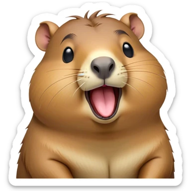 Cinematic Cute Yawning Capybara Portrait Emoji, Head tilted slightly with a dramatic, wide-open yawn, showcasing a plush, rotund body with a gently relaxed capybara face, including a short snout and subtly drooping ears, with drowsy, half-closed eyes rendered in exquisite detail; high shine, relaxed yet expressive, styled with a dash of playful natural charm, soft glowing outline, capturing the essence of a sleepy yet affectionate capybara that appears ready to stretch out for a peaceful nap! sticker