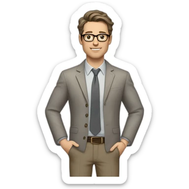 Full height Gesticulating Pale skinned fit man with dark brown hair in gray jacket, beige office shirt, brown tie, brown pants and vintage glasses. sticker