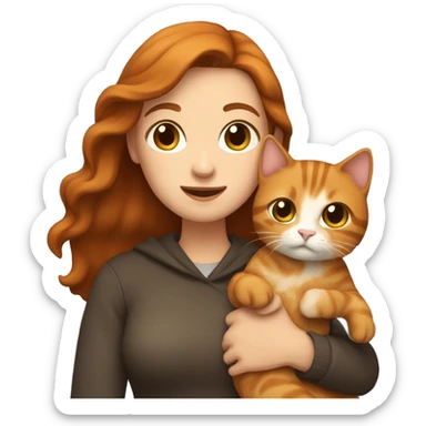 a woman with brown hair holds a ginger cat in her arms sticker