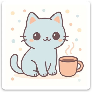 a relaxed cat sitting with a steaming coffee cup, kawaii style sticker