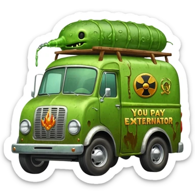 Heroic  SuperBug Ron’s slime-oozing exterminator antique tall moving van hot rod(motto: You pay now!) sticker