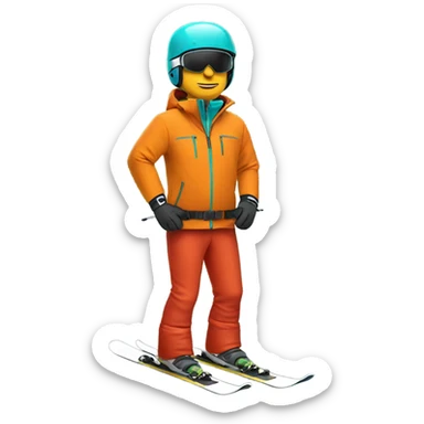 white Skier man wearing orange jacket and a red helmet and turquoise pants sticker