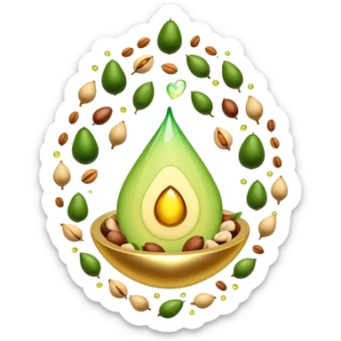 Floating aura in the shape of a golden and jade green drop, with bright icons of avocado, nuts, olive oil and ethereal fish spinning in a circle, surrounding a warm heart and illuminated brain, wrapped in a soft glow of protection and stable energy sticker