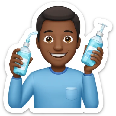 Apple emoji style, Black man grinning and presenting a bottle of mouthwash sticker