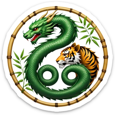 An icon symbolizing Eastern martial arts in the style of an emblem, with a black-and-white Yin-Yang symbol at the center. A dragon and a tiger are placed on either side, representing strength and wisdom. The design includes bamboo and traditional elements. Transparent background sticker