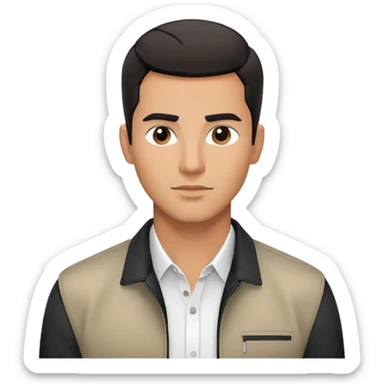 Handsome athletic Hispanic man with tan complexion, short black straight hair combed back with faded sides, square masculine face with defined jawline, neutral-friendly TV presenter expression, black jacket and white button-up shirt sticker