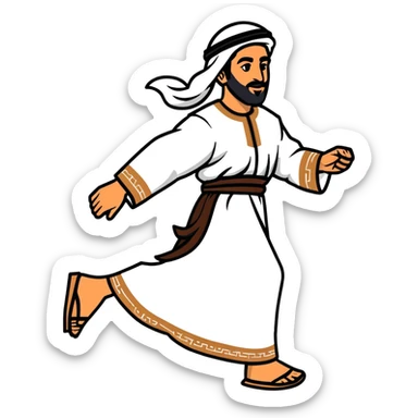 Arab man walking confidently in traditional clothing, side view, mid-stride sticker
