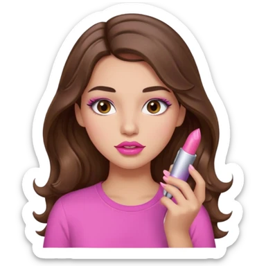 girl with long wavy brown hair, brown eyes, light to medium complexion, in a pink shirt, pink lips, long lashes, puckered lips, putting on lipstick sticker