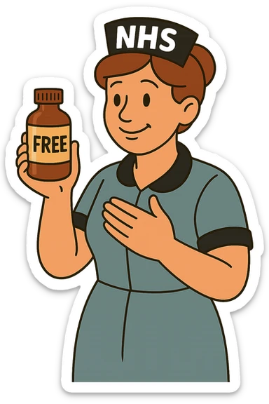 A nurse wearing a nurses hat with the letters NHS written on the hat.  The nurse looks caring and is holding a medicine bottle.  The medicine bottle has a label on it saying 'free' sticker