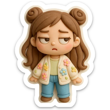 3D chibi girl in fondant cake art style, high-quality rendering with smooth shadows and soft gradients, long brown hair in two space buns, brown eyes, jeans, pastel floral cardigan, thick white outline like a sticker, transparent background, rolling her eyes like oh please, preserve facial features from reference image sticker
