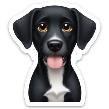 a black dog with white chest sticker