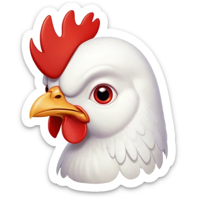 Cinematic Comical White Chicken Portrait Emoji, Head tilted dramatically with an exaggeratedly shocked or amused expression, featuring a sleek, immaculate white plumage with a prominent red comb, wide, expressive beady eyes filled with playful disbelief, Simplified yet hilariously expressive features, highly detailed, glowing with a slightly sassy glow, high shine, dramatic yet playful, stylized with an air of cheeky mischief, bright and endearing, soft glowing outline, capturing the essence of a spirited and over-the-top chicken, so meme-worthy it feels like it could cluck its way into internet fame instantly! sticker